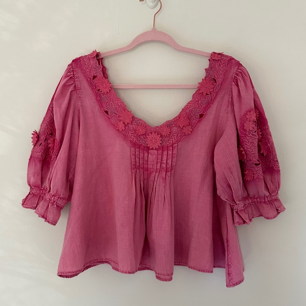 Free People Size M Sophie Cotton Top Pink Floral Light-weight Blouse Spring